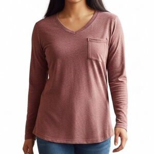 Oversized V Neck Long Sleeve Tunic Top XXL Red Burgundy Rose Heather Knit V-Neck